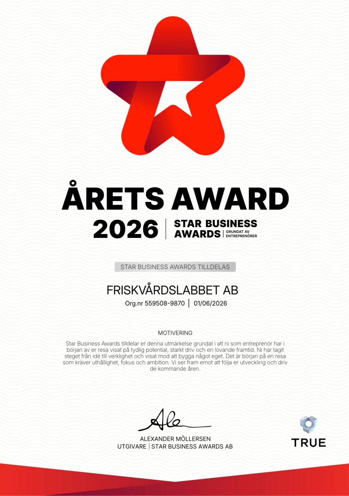 Friskvårdslabbet, Årets Award 2026, Star Business Awards